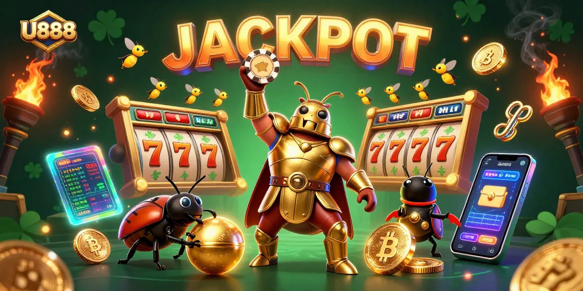 U888 Casino's vibrant jackpot scene featuring animated beetles and crypto elements.