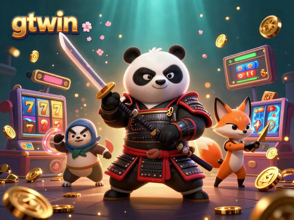 Engage with GTWIN's vibrant slots scene featuring a panda samurai and a ninja fox.