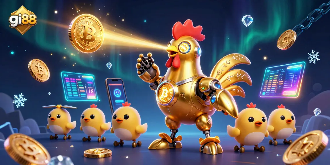 Engage in thrilling gi88 casino gaming with a dynamic scene of a golden rooster robot, coins, and slot reels.