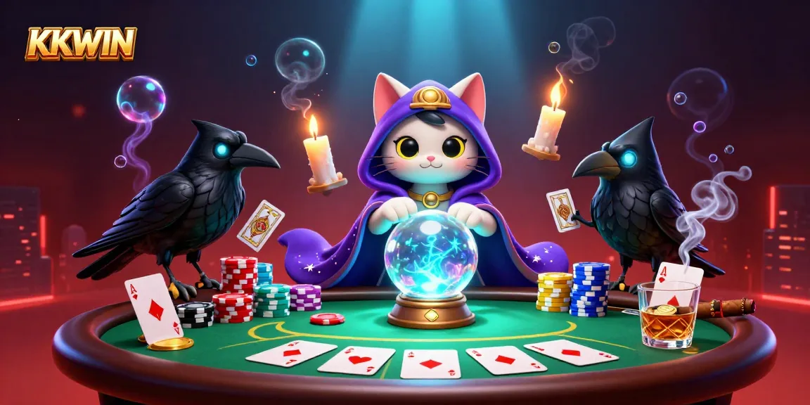 KKWIN inspires excitement with vibrant poker action featuring a mystical cat, raven, and poker elements.
