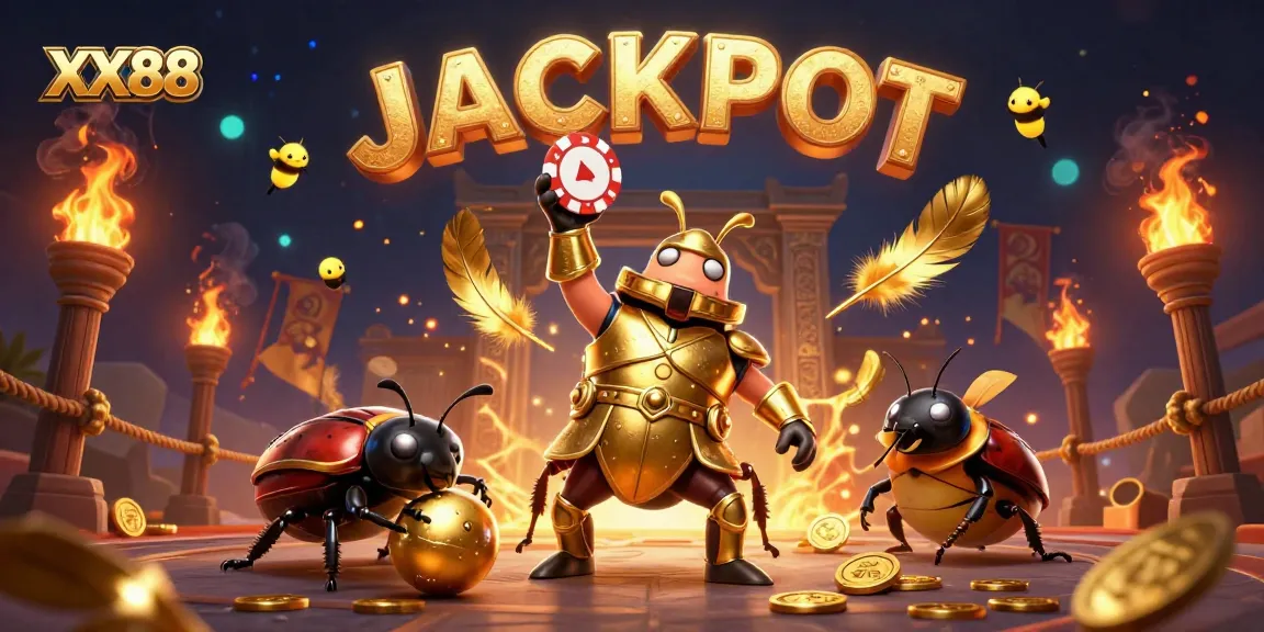 Engage with XX88's thrilling atmosphere, featuring a victorious beetle champion among gold coins and gaming excitement.
