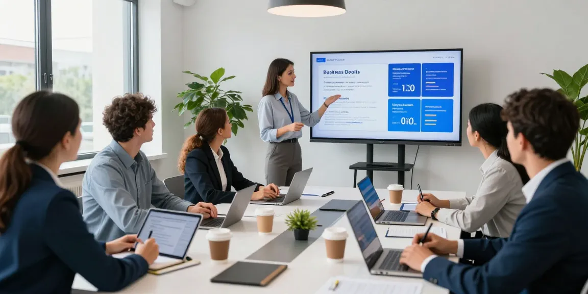Team collaborating in a modern office discussing business mobile deals UK while presenting data on screen.