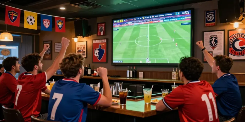 Football fans enjoying a thrilling match on GangvangTV in a lively sports bar.