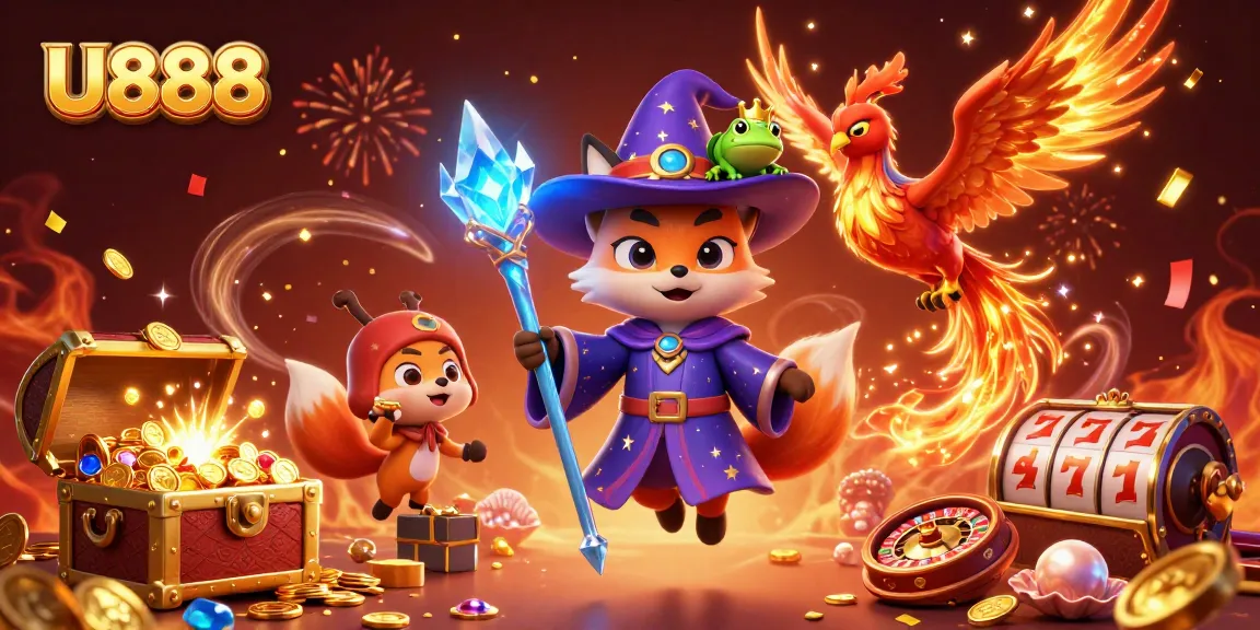 Experience the excitement at U888 with a vibrant 3D scene featuring a mystical fox wizard, phoenix, and gold-filled treasures.