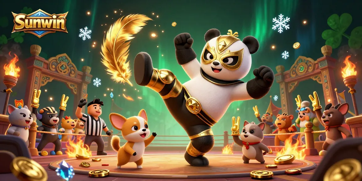 Experience the thrilling arena of Sunwin as a panda takes a flying kick in a dynamic gambling showcase.