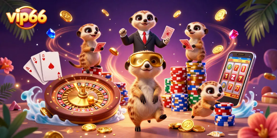 Experience the thrills at vip66, with meerkats managing a vibrant casino filled with gold coins and gems.