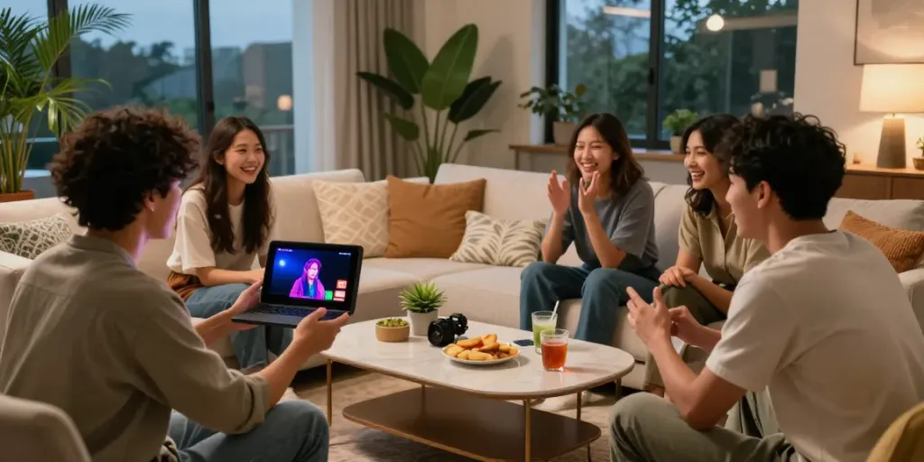 Friends enjoying a lively gathering while watching rokok88 video on a smartphone in a stylish living room.
