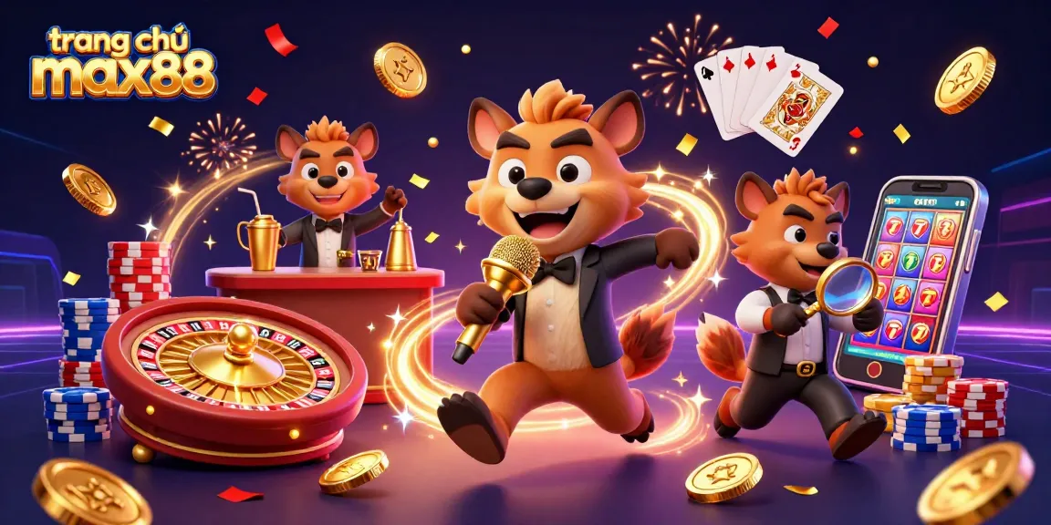 Experience exciting gameplay at trang chủ max88 with jackpot slots, vibrant casino elements, and lively characters.