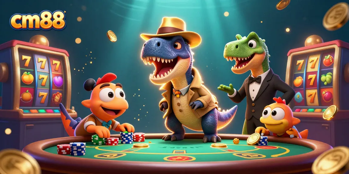 Engage with cm88 slot games, featuring dynamic characters at a lively table filled with gold coins and jackpots.