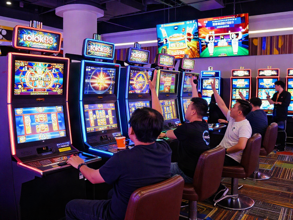Excited players enjoying the rokok88 slot at a vibrant casino