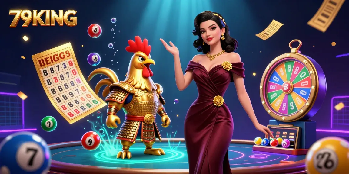 Engage with the vibrant world of 79KING through this dynamic casino illustration featuring lottery elements.