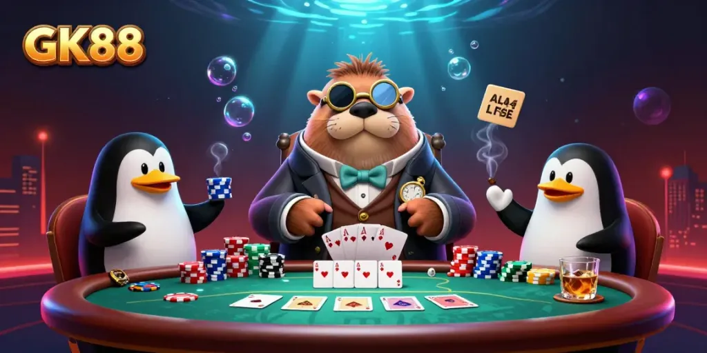 Experience thrilling poker action at GK88 with a charming walrus and friends in a vibrant underwater setting.