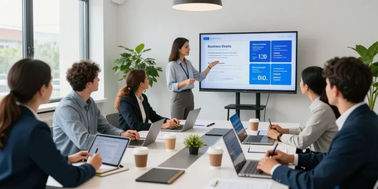 Team collaborating in a modern office discussing business mobile deals UK while presenting data on screen.