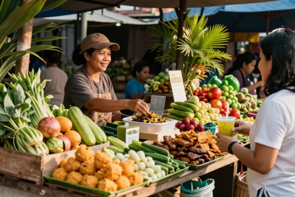 Warung225 menawarkan berbagai makanan segar dan camilan tradisional dalam suasana pasar yang ramai.